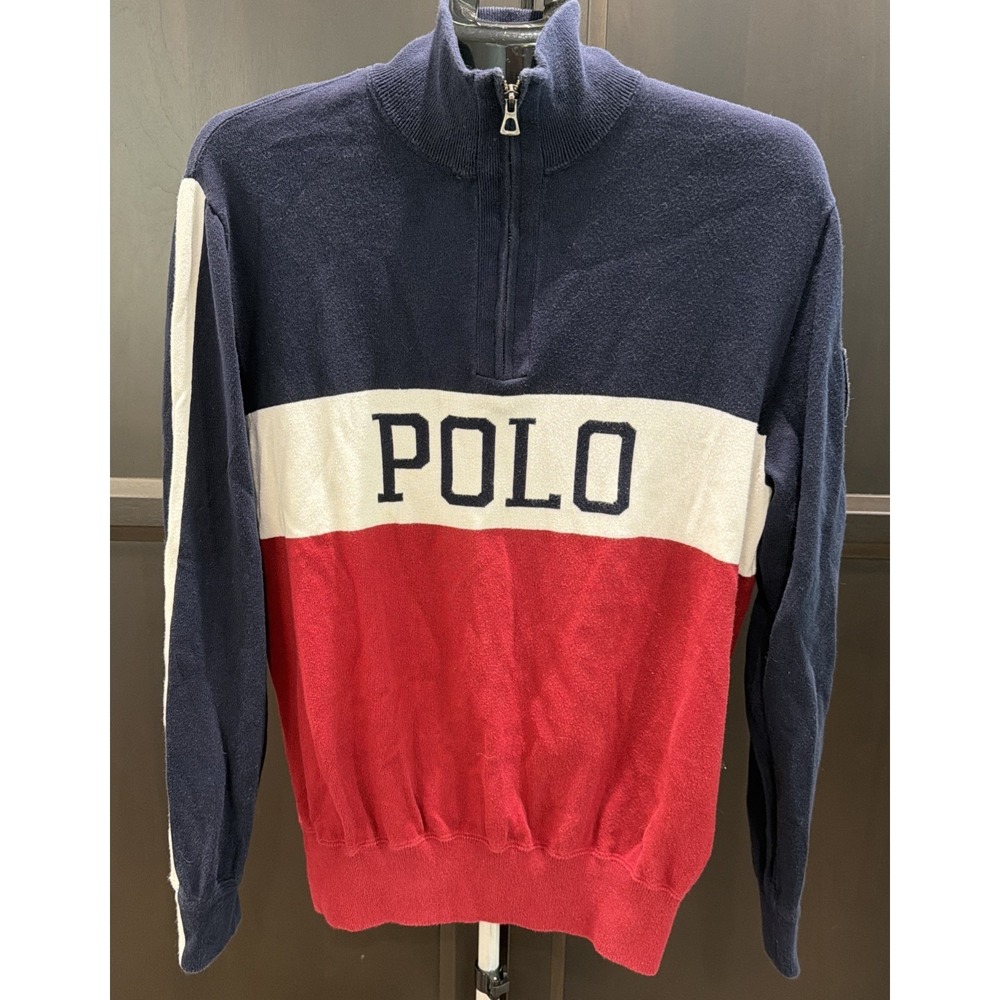 Polo Ralph Lauren Mens 1/4 Zip Sweater USA Flag Colorblock Spellout Size Large